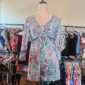 ONE WORLD Light Blue Floral V-Neck Blouse